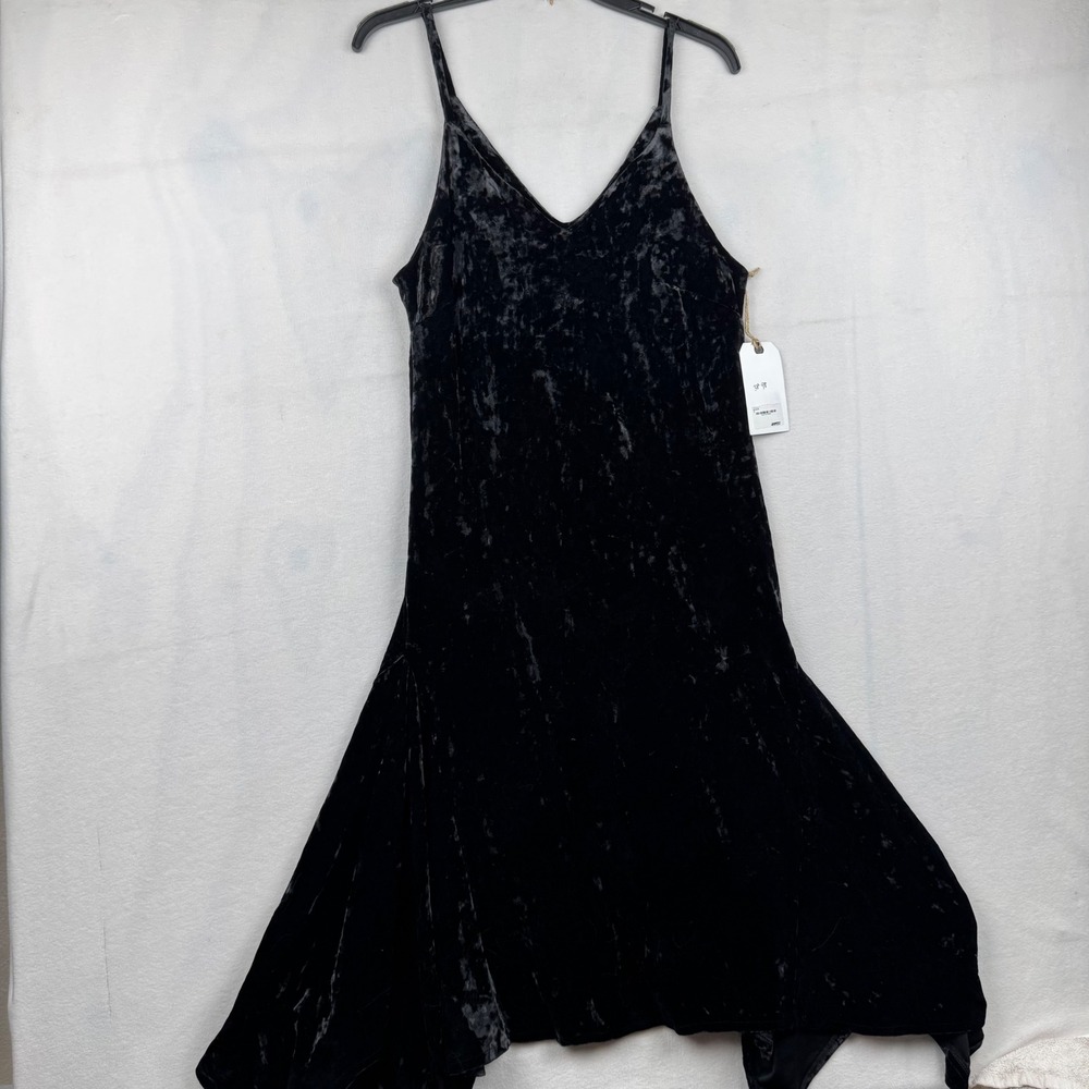 Leith Velvet Midi Dress Sleeveless V Neck Flared Hem Black‎ Party Cocktail